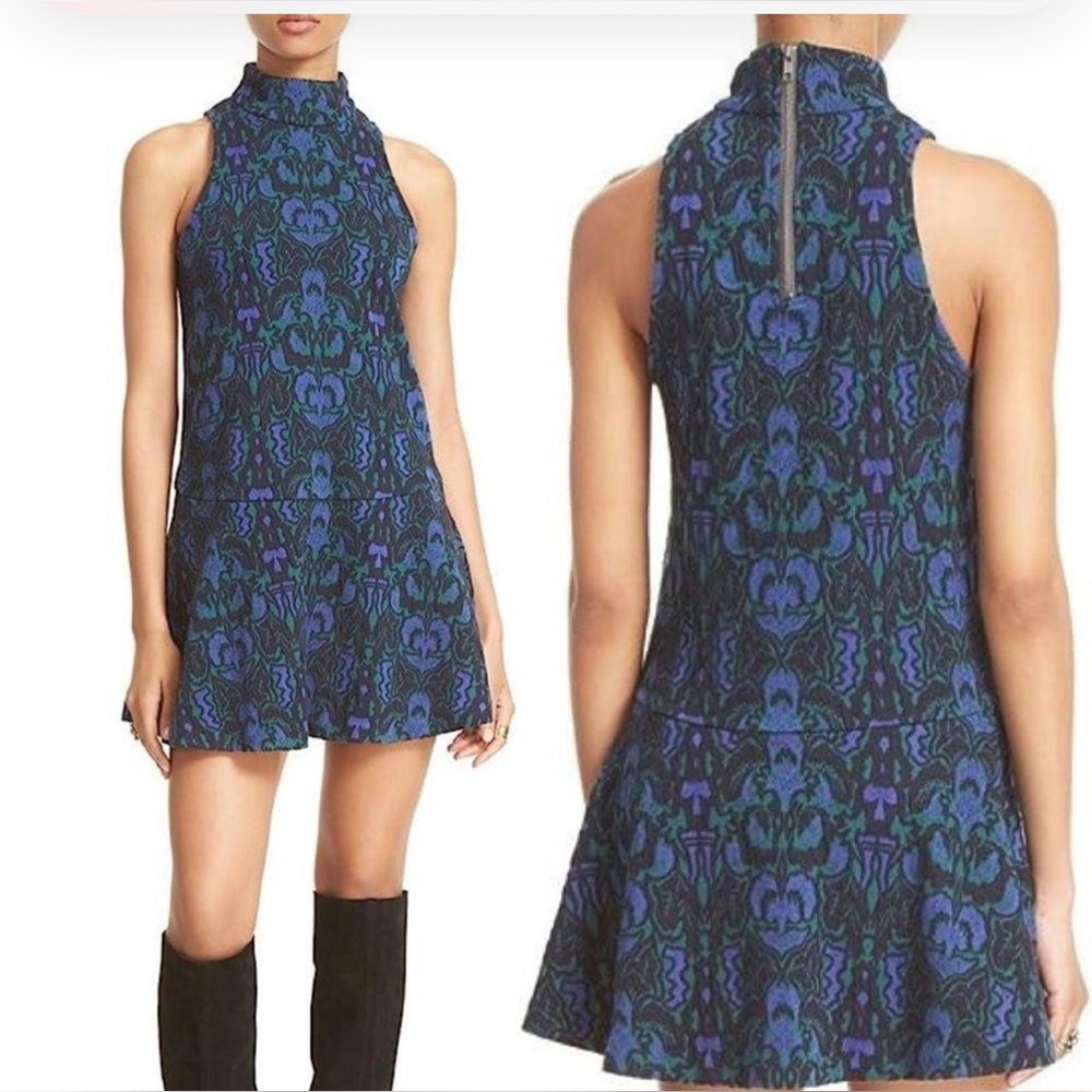 Free People Blue Sleeveless Mock Neck Mini Dress